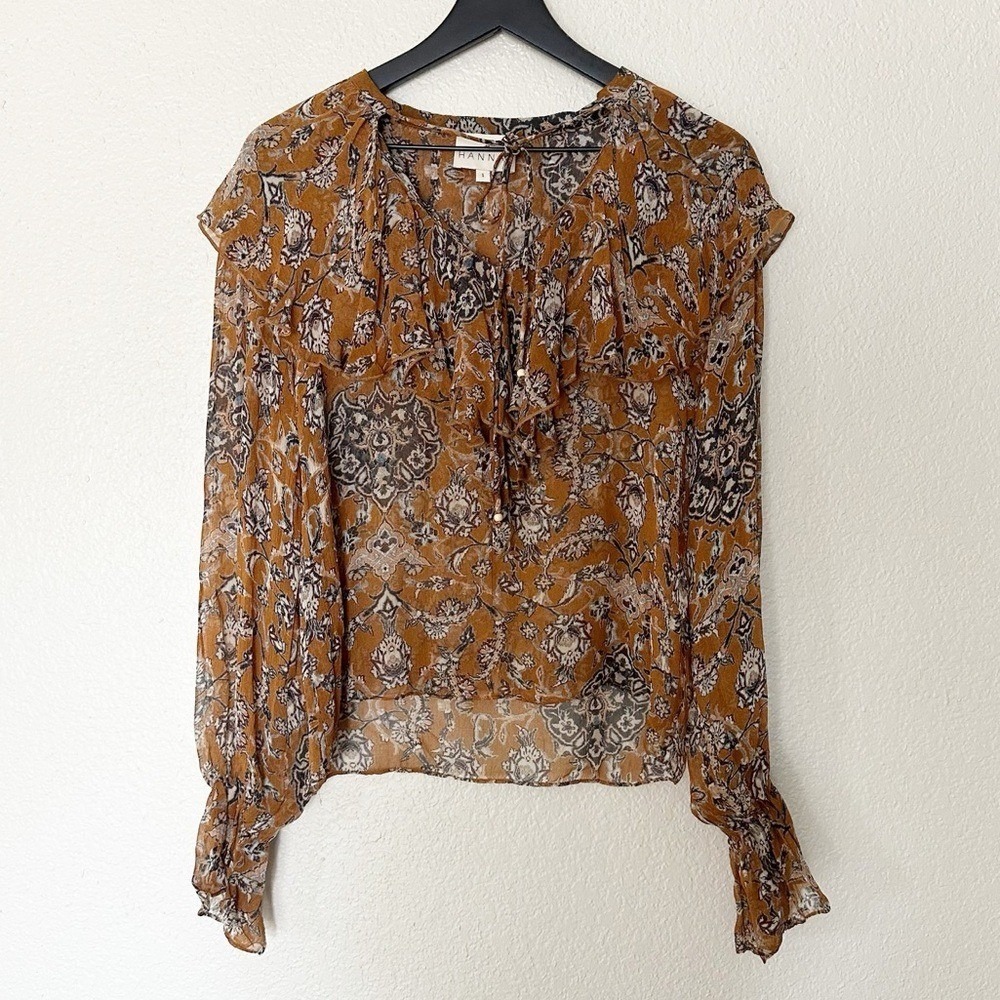 Hannah Artwear‎ Women's Boho Sheer Floral Ruffle Tie Neck Blouse Top Size 1 - Picture 2 of 9